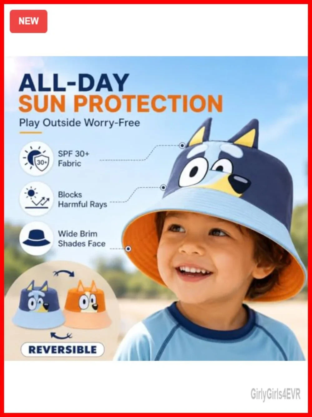 Kids Reversible Bluey Bucket Hat - Sun Protection - Breathable Twill